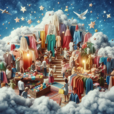 별빛과 옷들이 가득한 꿈 같은 장면.