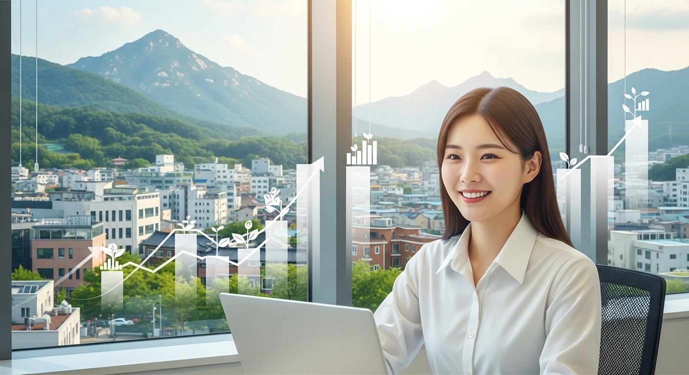 비수도권 지역에서 만족하며 일하는 한국인 청년의 모습, 청년일자리도약장려금으로 얻는 재정적 안정과 커리어 성장을 상징.