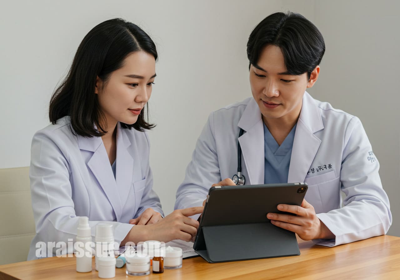 남성과 여성 의료진이 환자의 검사결과를 확인하고 있습니다.