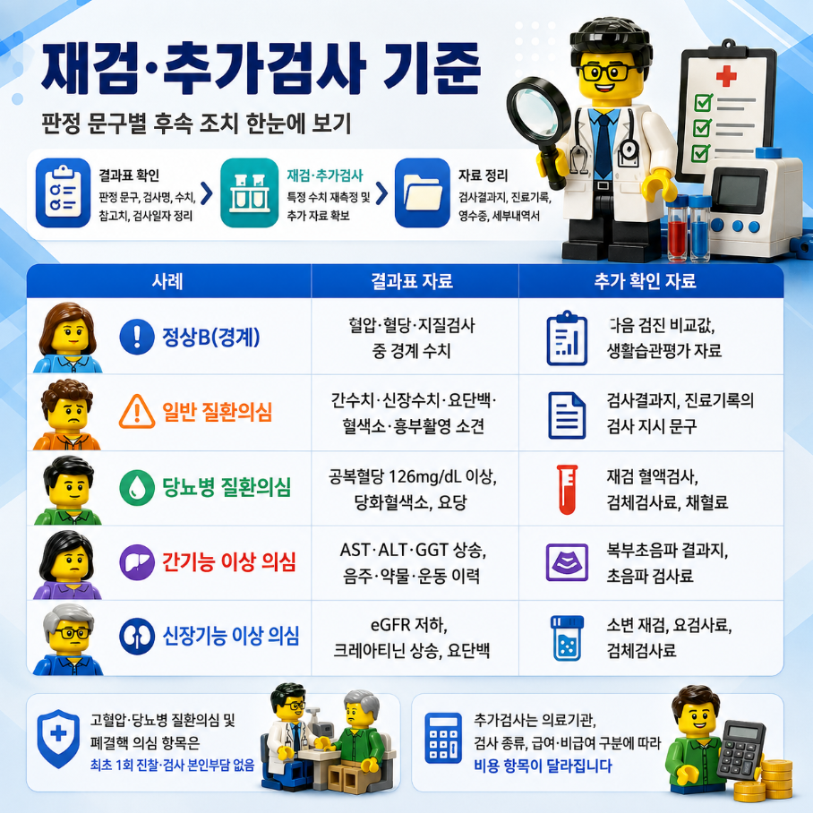 건강검진 결과표 사례별 정상B, 질환의심, 당뇨병&middot;간기능&middot;신장기능 이상 의심 후속 자료를 정리한 인포그래픽