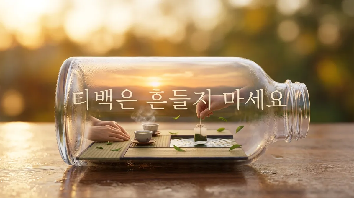 투명한 유리 보틀 안에 일본식 다례 세상 미니어처가 담긴 '티백은 흔들지 마세요' 라고 쓴 이미지