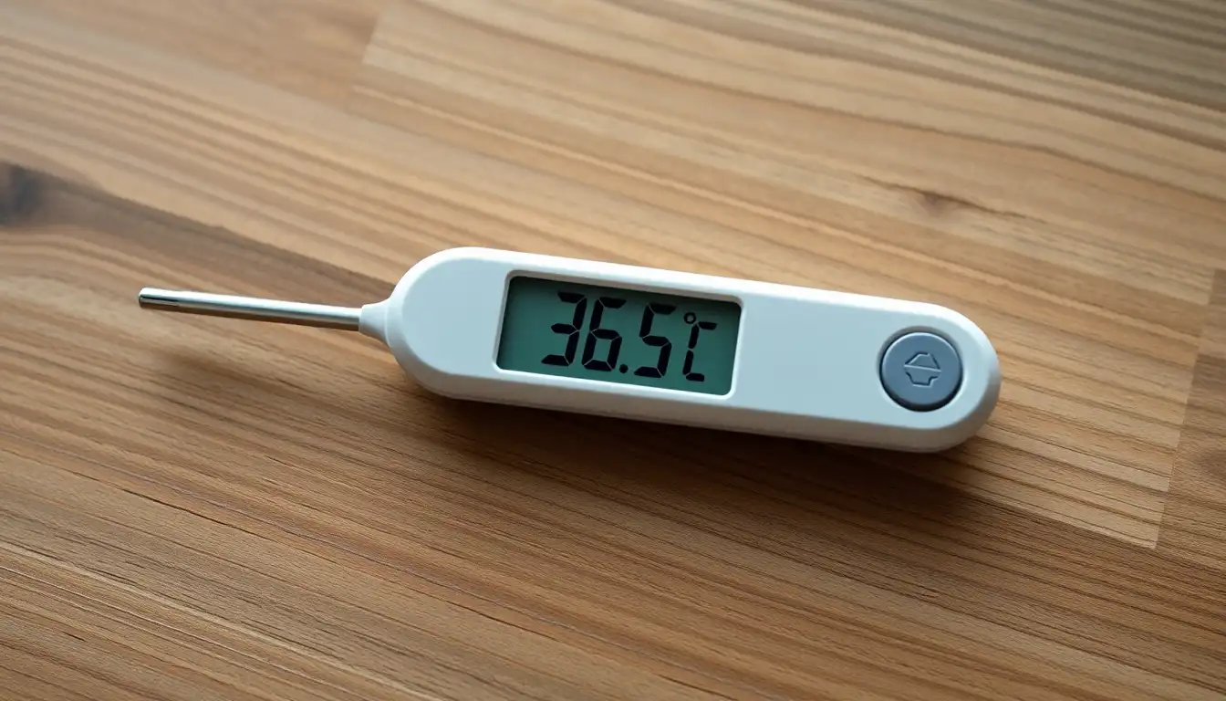 디지털 체온계가 나무 테이블 위에 놓여 있고, 화면에는 36.5°C가 표시되어 있다.