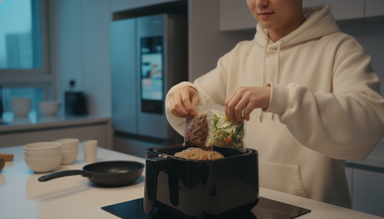 월드컵 새벽 경기 중 빠르고 간편하게 HMR 야식을 조리하는 한국인의 손 클로즈업.
