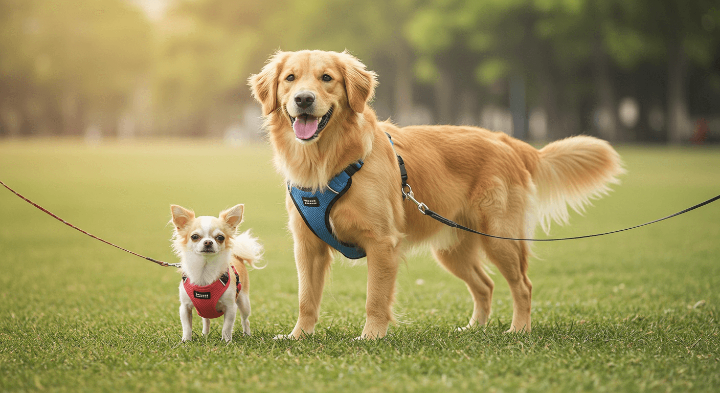 하네스와 목줄을 착용한 골든 리트리버와 치와와