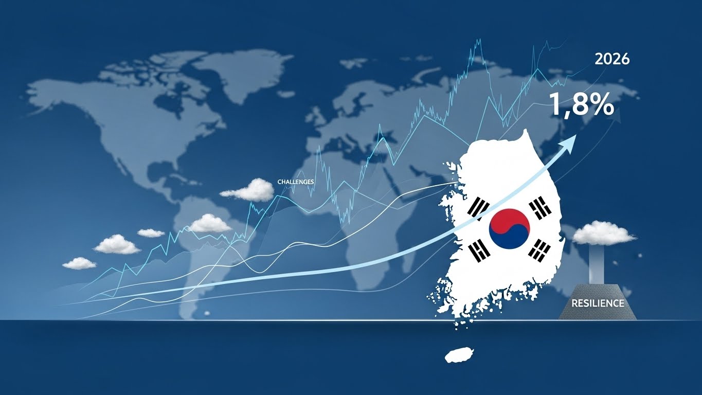 2026년 한국 경제의 1.8% 성장률을 상징하는 안정적이지만 완만한 상승 곡선과 그를 둘러싼 글로벌 경제 상황.