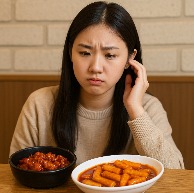 떡볶이나 불닭 같은 매운 음식 앞에서 망설이는 청소년의 모습