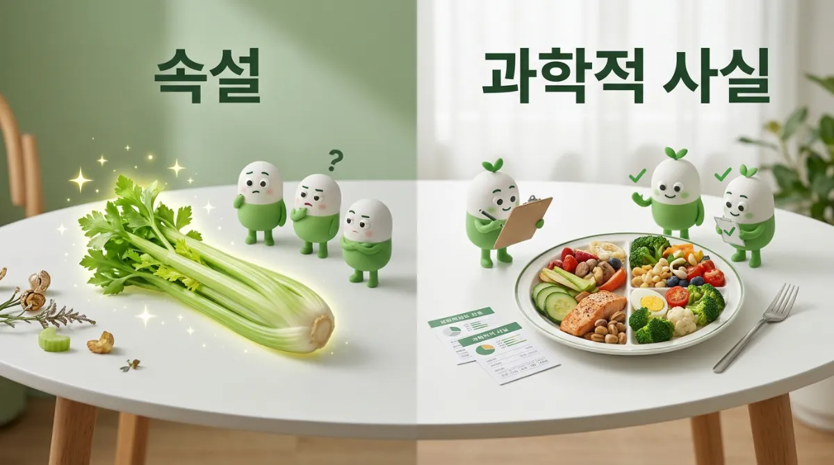 마이너스 칼로리 음식 속설과 과학적 사실 비교 - 샐러리 다이어트 팩트체크 하는 미니미캐릭터