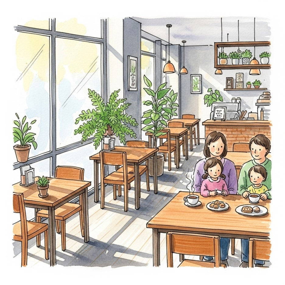 가족들이 여유롭게 시간을 보낼 수 있는 따뜻한 카페 내부