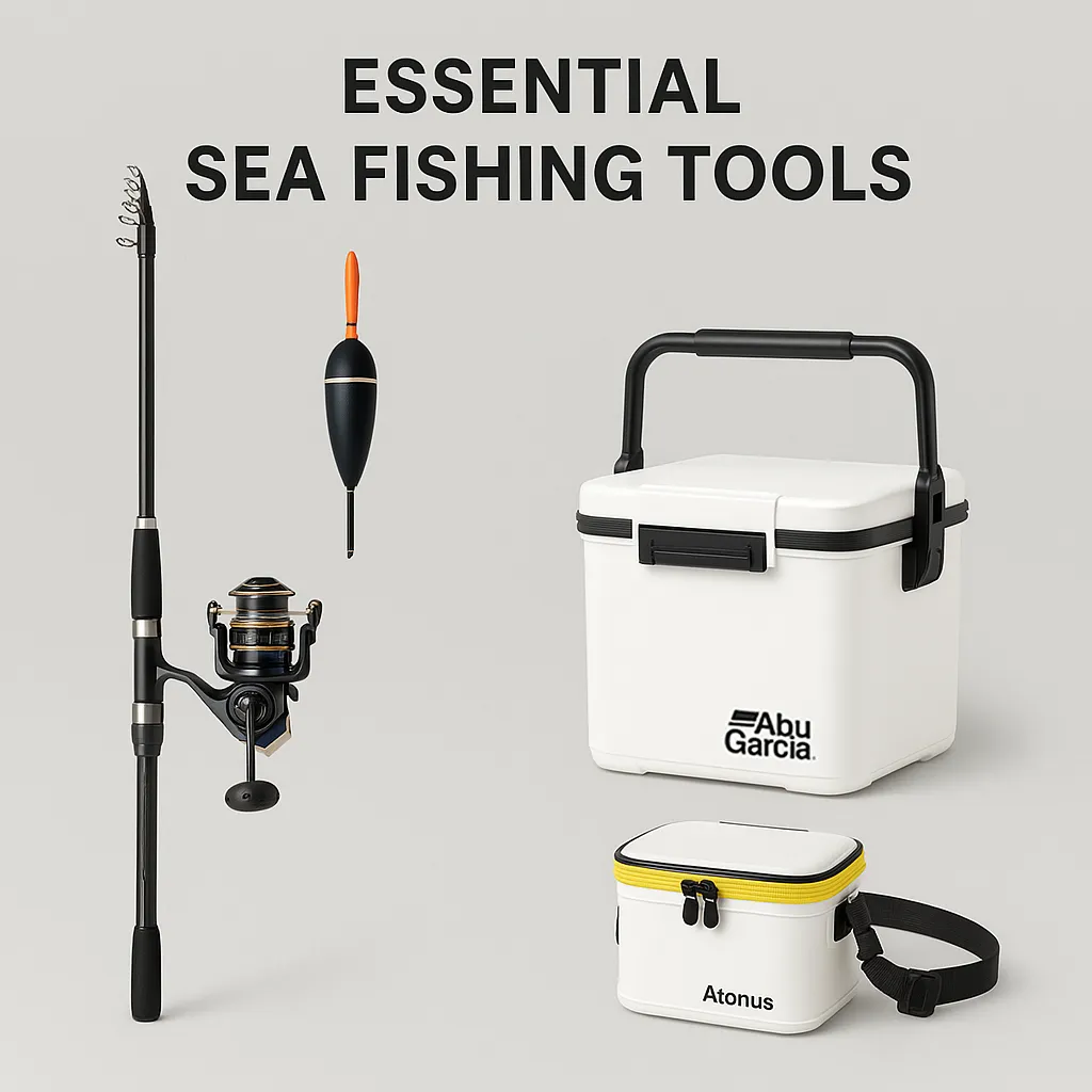 바다낚시에 자주 사용되는 릴, 원투대, 찌, 쿨러, 미끼통 정리