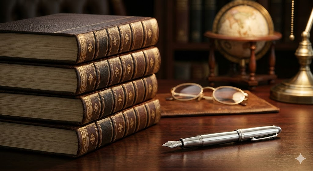 어두운 목제 책상 위에 정갈하게 놓인 두꺼운 학술 서적과 만년필, 배경의 안경과 지구본이 조화를 이루는 고해상도 학술 서재 이미지입니다.
