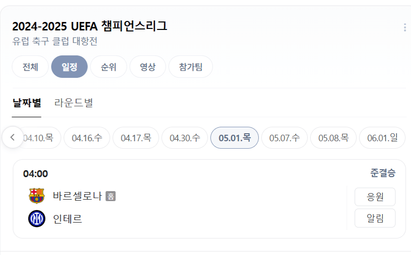 5월 1일 챔피언스리그 준결승 경기 정보