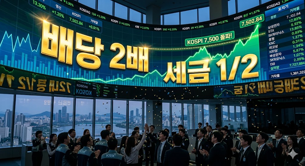'Dividend 2X, Tax 1/2'라는 문구가 금색으로 빛나는 가운데, 코스피 7,500 돌파를 상징하는 우상향 그래프 배경