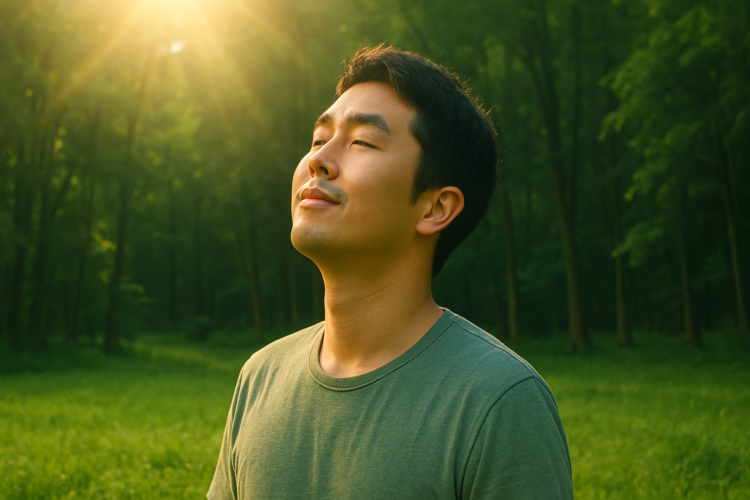 초록빛 숲과 따뜻한 햇살 속에서 깊게 숨 쉬는 사람