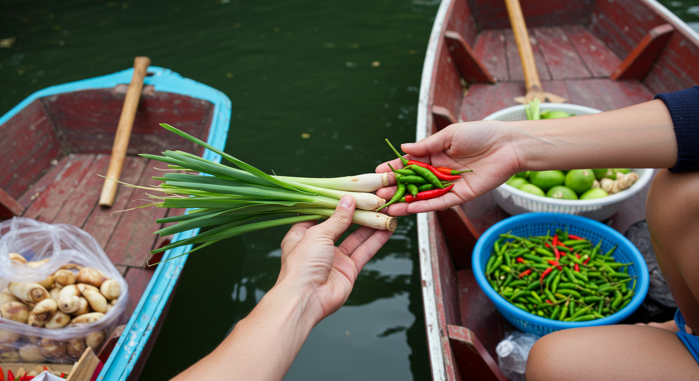 롱테일 보트에 앉아 수상시장 상인에게서 레몬그라스, 고수 등 향신료를 건네받는 모습
