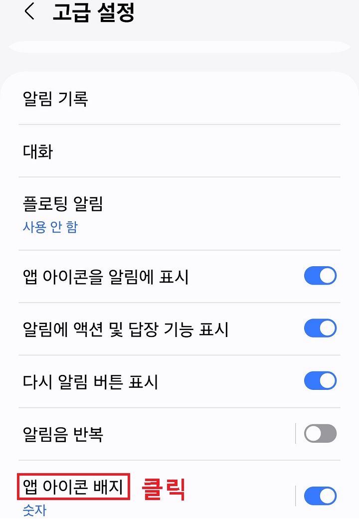 앱 아이콘 배지 메뉴 클릭함