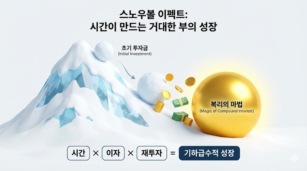 작은 눈덩이가 산을 내려오며 점점 거대한 눈덩이(Snowball)로 변해가는 복리의 마법 시각화 일러스트