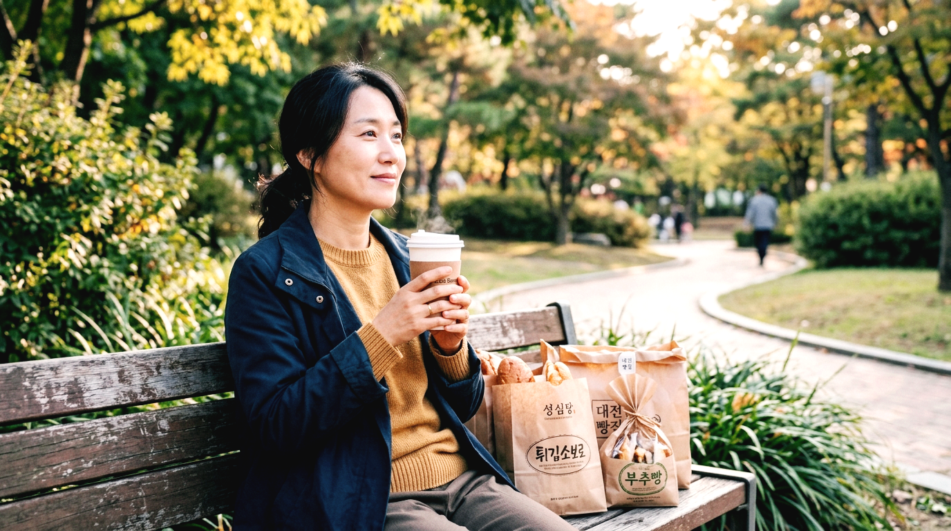 대전 로컬 베이커리 투어를 마치고 공원 벤치에서 휴식을 취하는 40대 여성의 모습