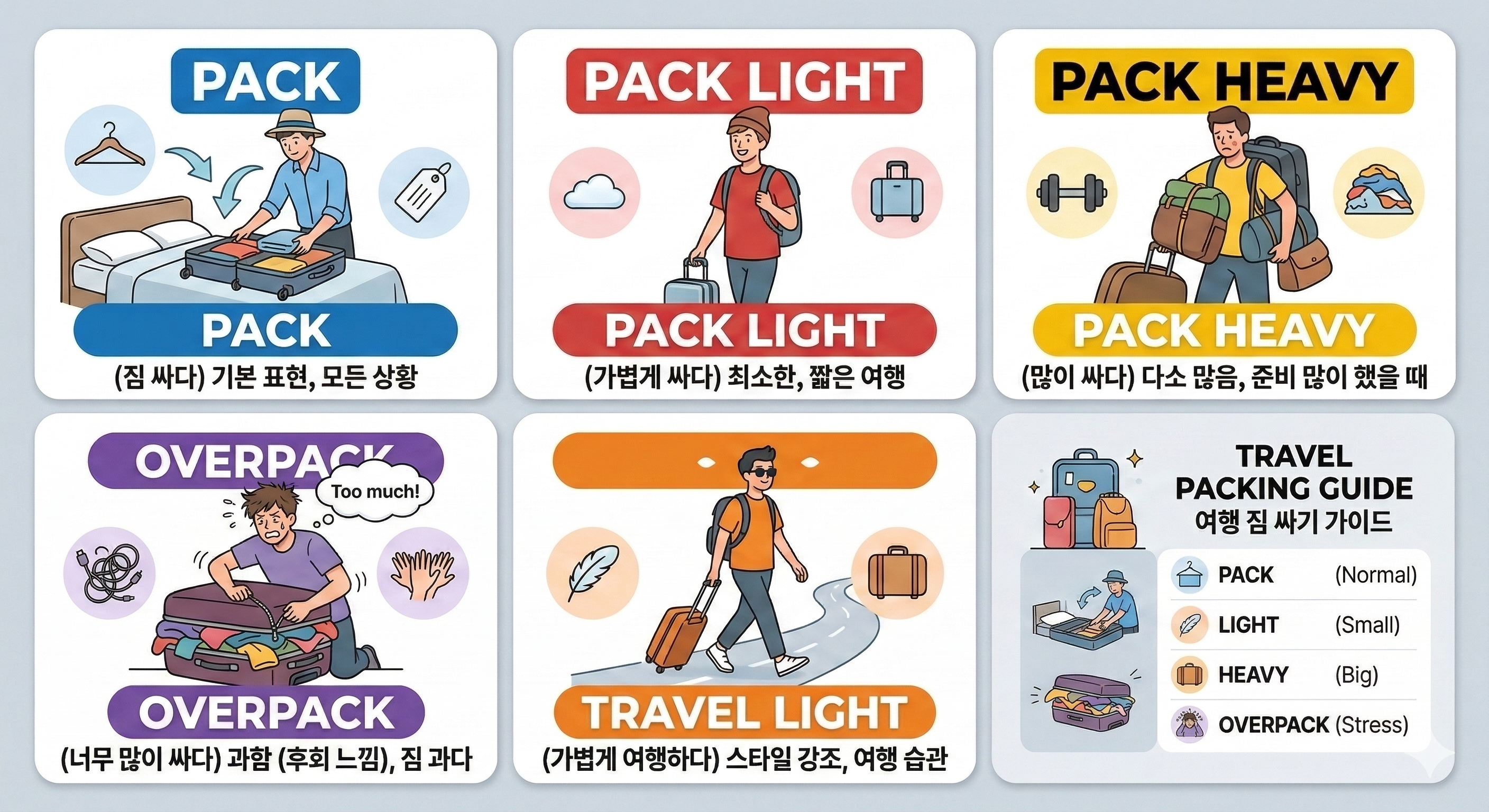 짐싸다 가볍게싸다 많이싸다 너무많이싸다 가볍게여행하다 스타일강조 여행습관 등 짐싸기를 활용한 다양한 영어 표현의 차이를 설명하는 인포그래픽 이미지