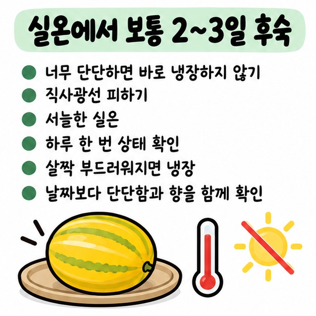 단단한 파파야멜론은 직사광선을 피한 실온에서 2~3일 두고 매일 단단함을 확인한 뒤 익으면 냉장하는 후숙 카드