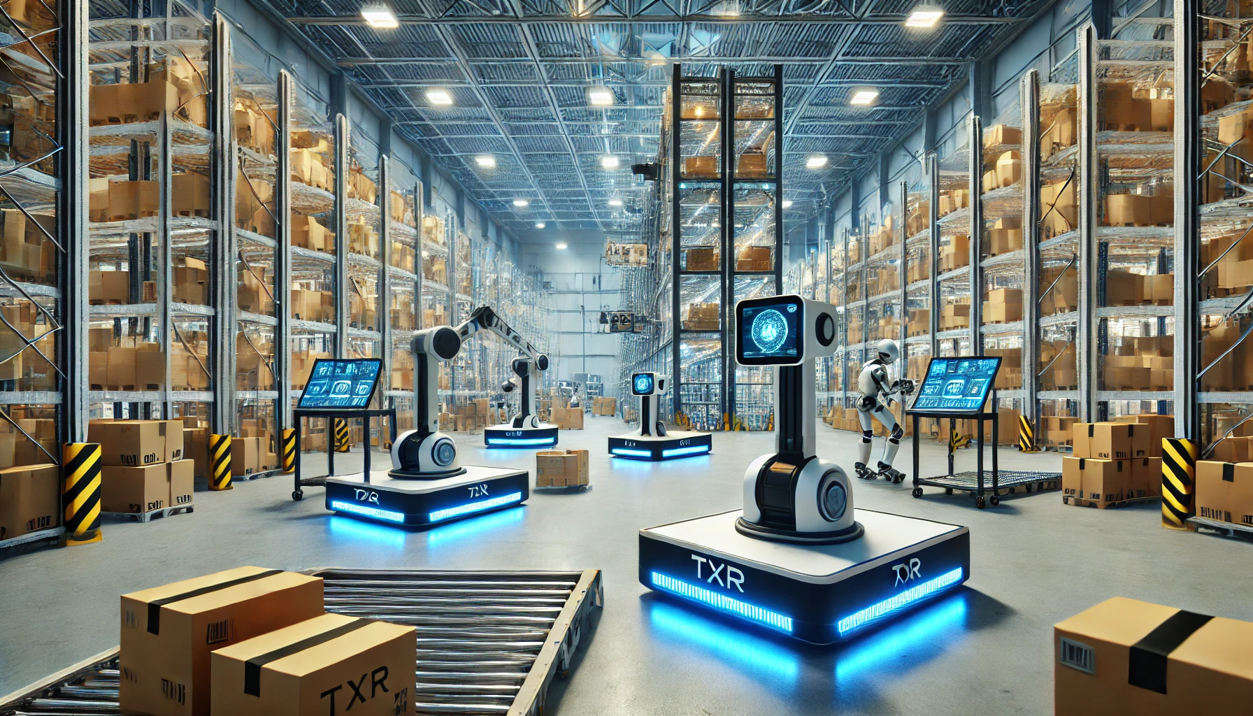 티엑스알 로보틱스의 자율주행 로봇(AMR)과 자동화 분류 시스템이 구현된 첨단 물류 창고 이미지