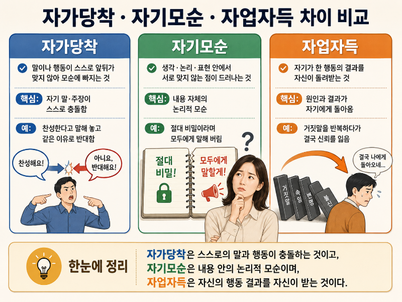 자가당착·자기모순·자업자득의 의미 차이를 비교