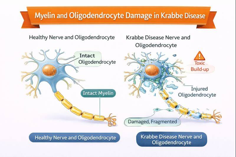 크라베병의 미엘린 및 희소돌기아교세포 손상 구조도