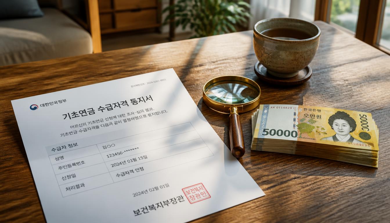 햇살이 따뜻하게 들어오는 거실 원목 테이블 위에 인쇄된 보건복지부 기초연금 수급자격 안내 통지서와 고급 돋보기 안경, 선명한 대한민국 노란색 5만 원권 신권 지폐 다발, 따뜻한 도자기 찻잔이 정갈하게 놓여 있는 감성 복지 정물 컷.