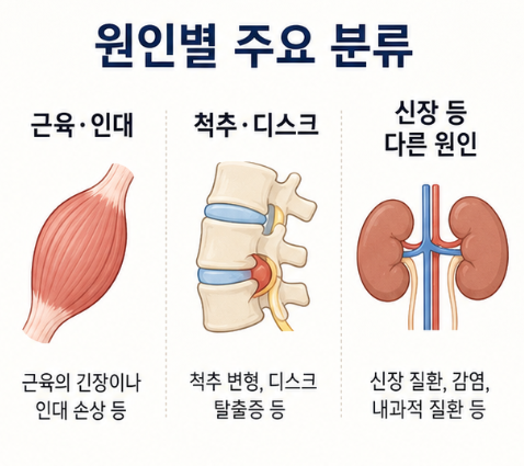 근육과 인대 손상, 척추와 디스크 문제, 신장질환 등 등 통증의 다양한 원인을 설명한 이미지