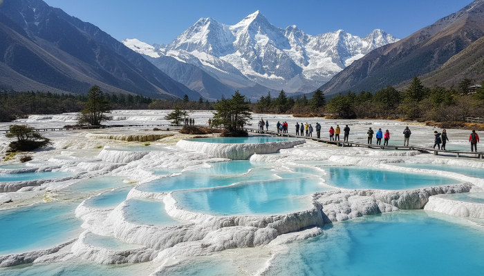 옥룡설산을 배경으로 한 신비로운 푸른 빛의 람월곡 호수 풍경