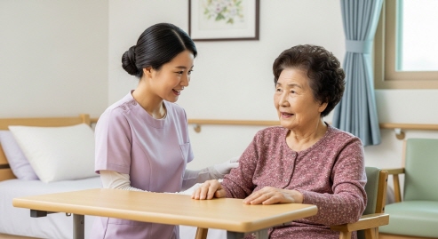 웃으며 간병 중인 요양보호사와 어르신