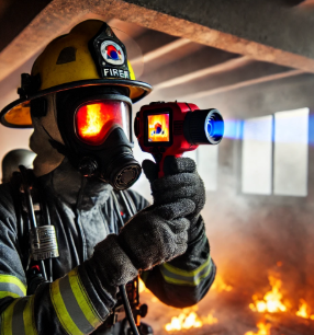 화재 온도 측정중인 소방관 사진