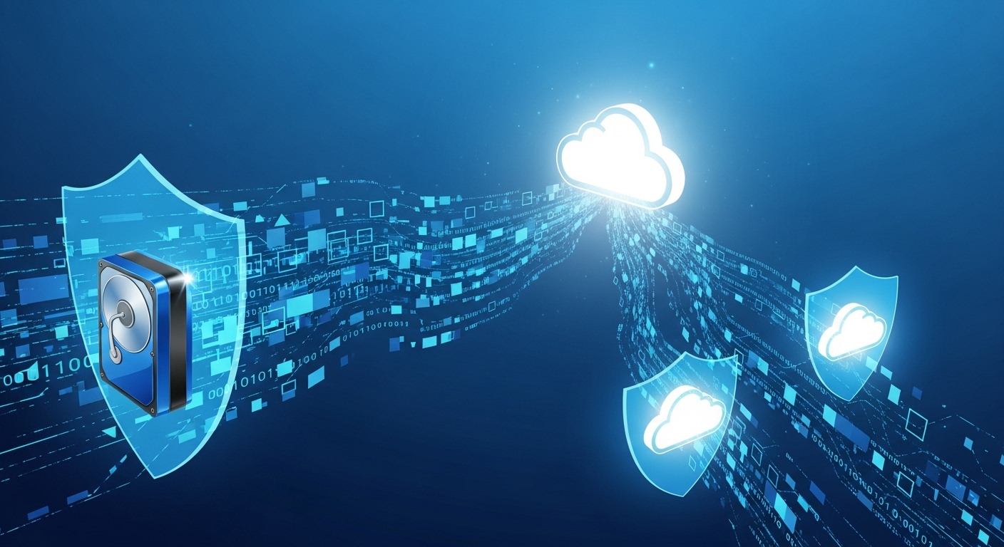 디지털 파일들이 중앙 기기에서 여러 클라우드 및 외장 하드로 안전하게 백업되는 모습으로, 데이터 보호의 중요성을 나타냅니다.