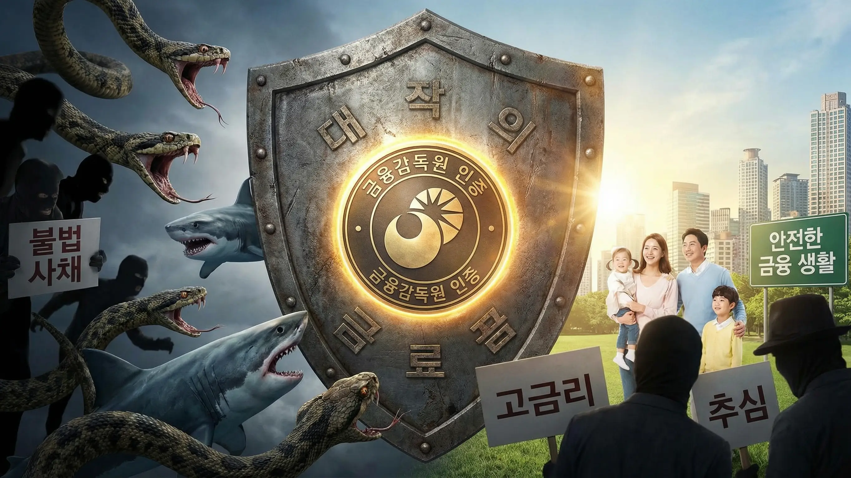 금융감독원 인증 마크가 찍힌 든든한 방패가 불법 사채의 위협을 막아주는 안전한 금융 생활 이미지