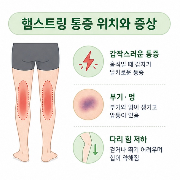 햄스트링 부상 시 갑작스러운 통증, 부기, 멍, 다리 힘 저하가 나타날 수 있음을 설명한 이미지