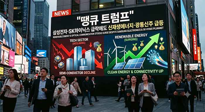 커다란 전광판 앞에 사람들이 걸어가는 모습.