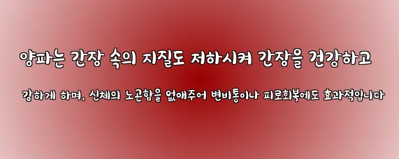  양파는 간장 속의 지질도 저하시켜 간장을 건강하고 강하게 하며, 신체의 노곤함을 없애주어 변비통이나 피로회복에도 효과적입니다