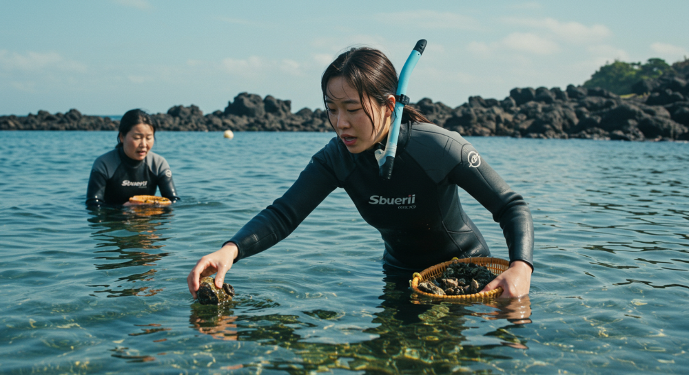 제주 세화 해변에서 해녀와 함께 물질 체험하는 한국 여성