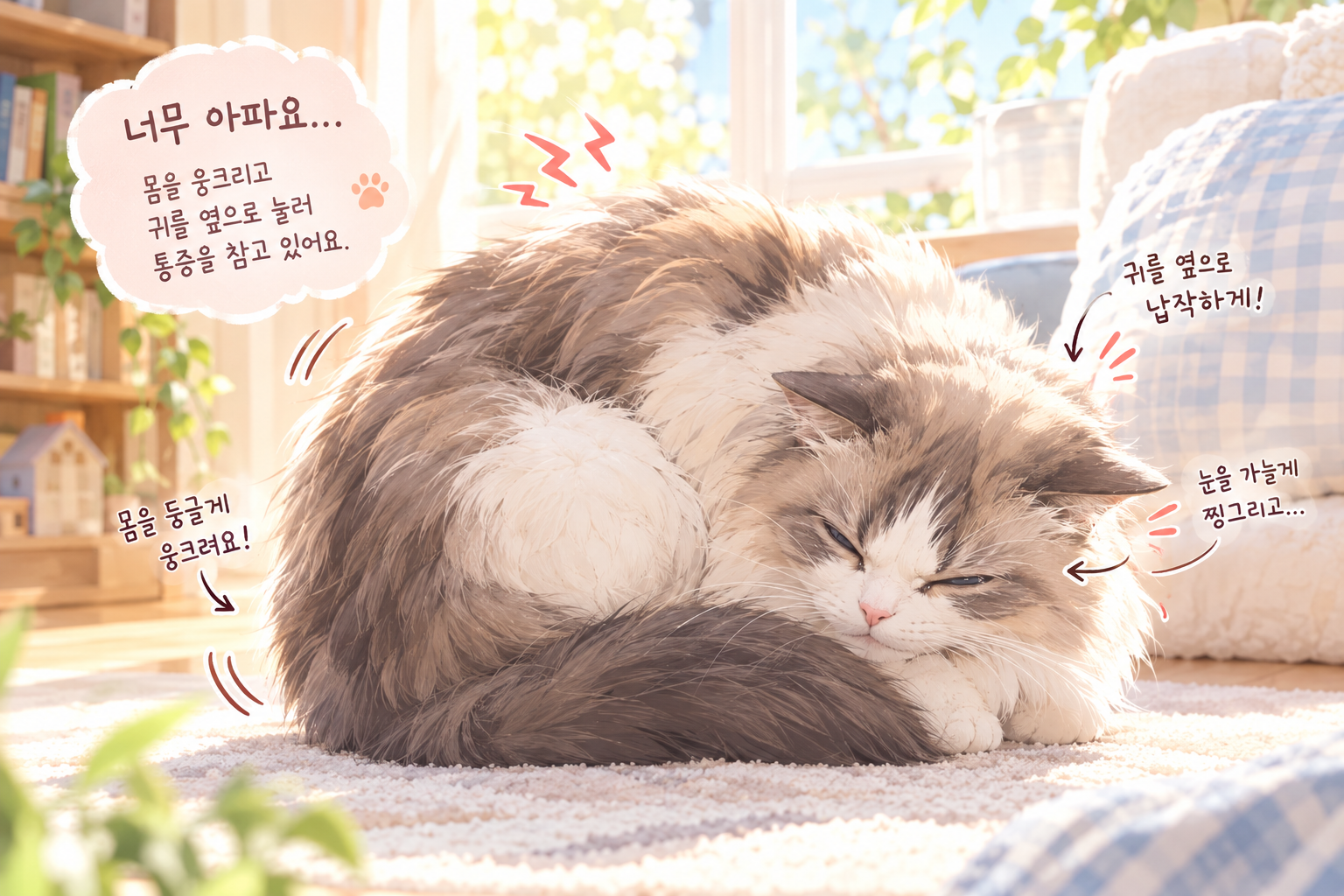 통증 표정(Pain Face)을 지으며 웅크리고 있는 고양이