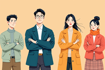 구직급여를 신청하고 행복하게 미소짓는 남녀 그룹 모습