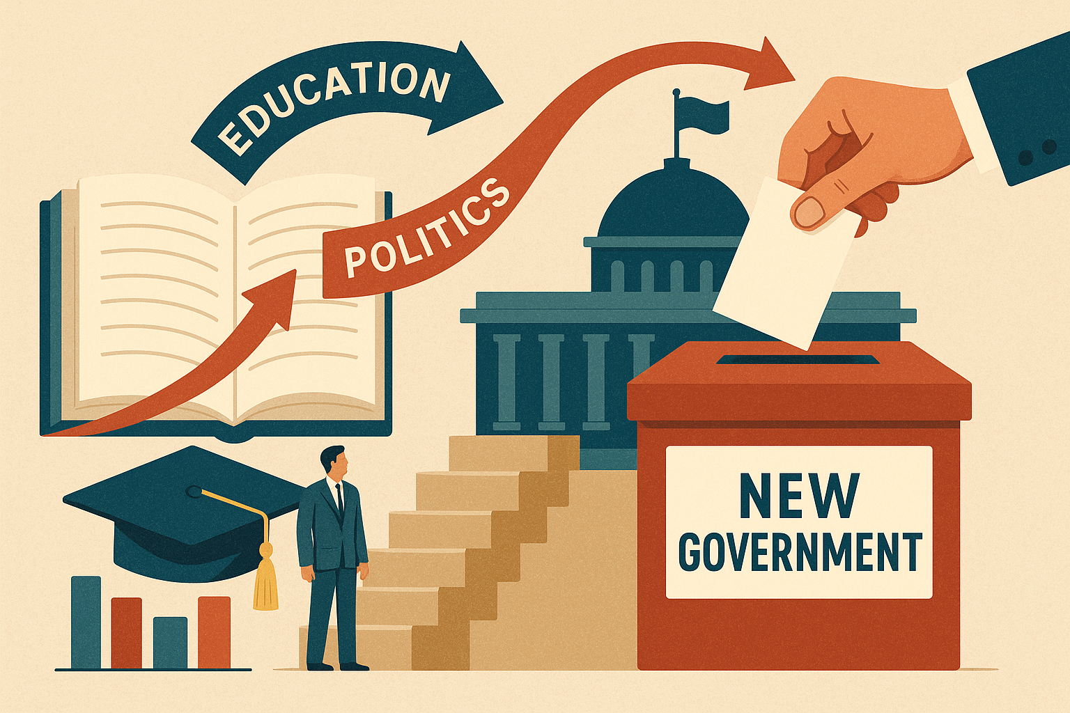 정권 교체와 교육 정책을 상징하는 일러스트: 교육과 정치가 연결된 구조적 일러스트