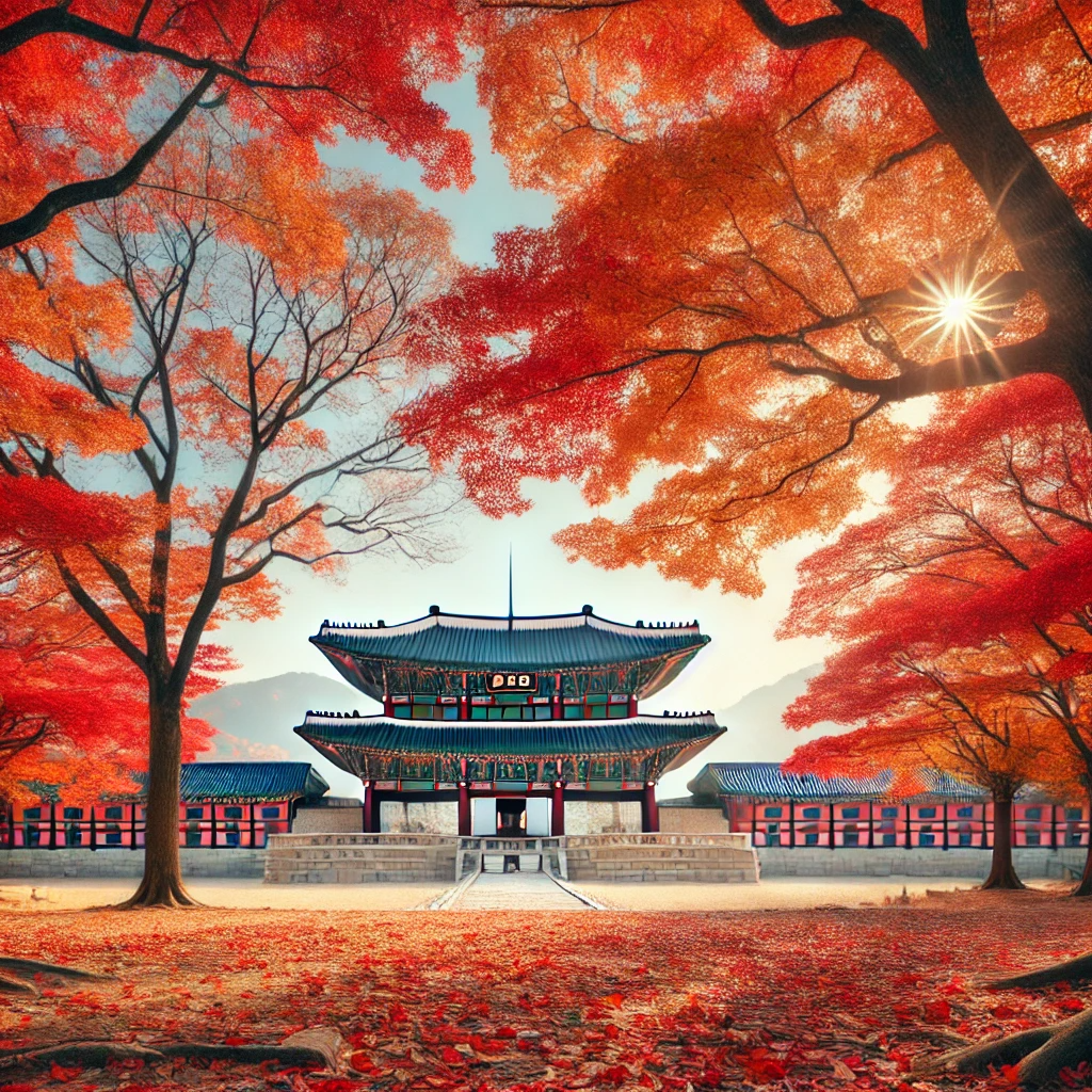 단풍이 붉게 물든 나무들과 전통적인 경복궁 건축물이 어우러진 가을의 경치&amp;#44; 맑은 하늘 아래 평화로운 분위기를 자아내는 풍경.