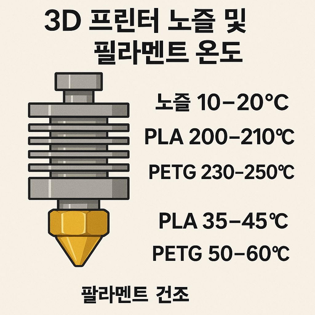 3D 프린터 노즐과 필라멘트 권장 온도를 정리한 인포그래픽