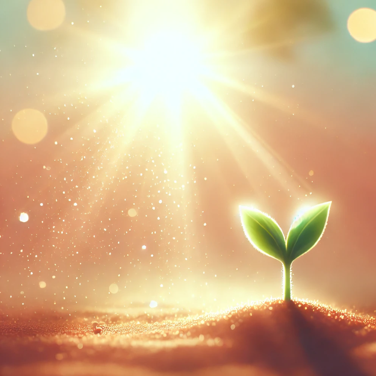 희망과 긍정을 상징하는 밝은 햇살 아래 새싹이 돋아나는 장면. 부드러운 색감의 평화로운 배경