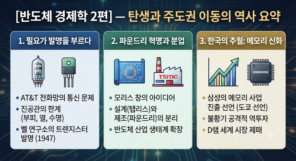 '반도체 경제학 2편 핵심 요약'이라는 제목 아래, 세 개의 기둥으로 내용을 정리했습니다. 첫째 기둥은 '필요가 발명을 낳다(진공관 vs 트랜지스터)', 둘째 기둥은 '파운드리, 산업의 판을 바꾸다(TSMC)', 셋째 기둥은 '불황기 역투자가 만든 신화(삼성)'입니다. 마지막으로 "역사는 반복되며, 지금은 AI 반도체 전쟁의 시대"라는 문구로 끝맺습니다.