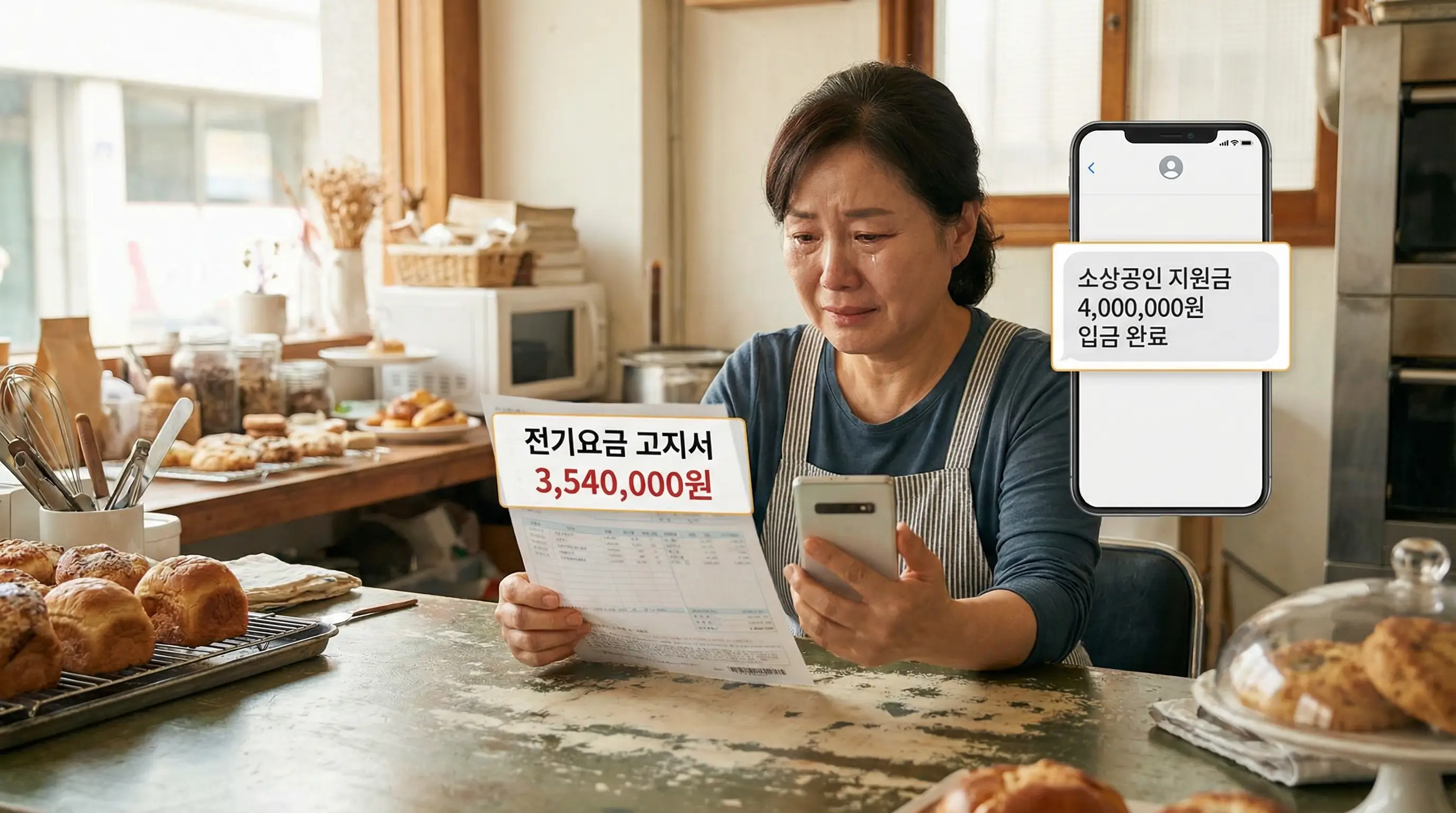 가게 안에서 전기요금 고지서와 지원금 입금 문자를 번갈아 보며 안도하는 소상공인 사장님의 모습