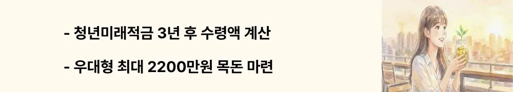 "청년미래적금 3년 후 수령액 계산, 우대형 최대 2200만원 목돈 마련"이라는 문구가 포함된 웹배너 이미지. 이 이미지는 일반형과 우대형의 만기 예상 수령액 차이를 시각적으로 전달하며, 블로그의 청년미래적금 예상 수령액과 관련된 내용을 설명함