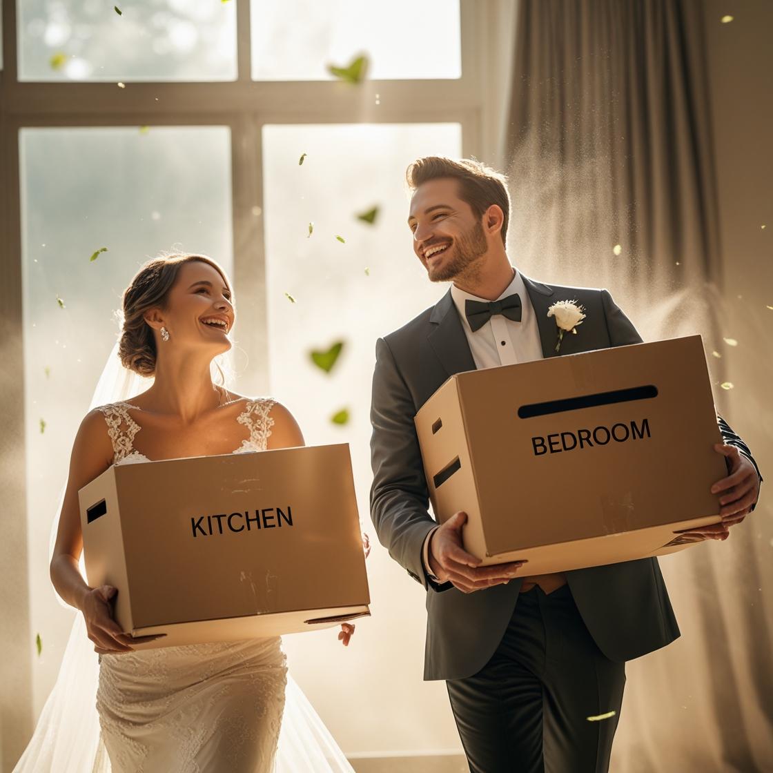 신혼부부가 이삿짐을 들고 웃는 모습