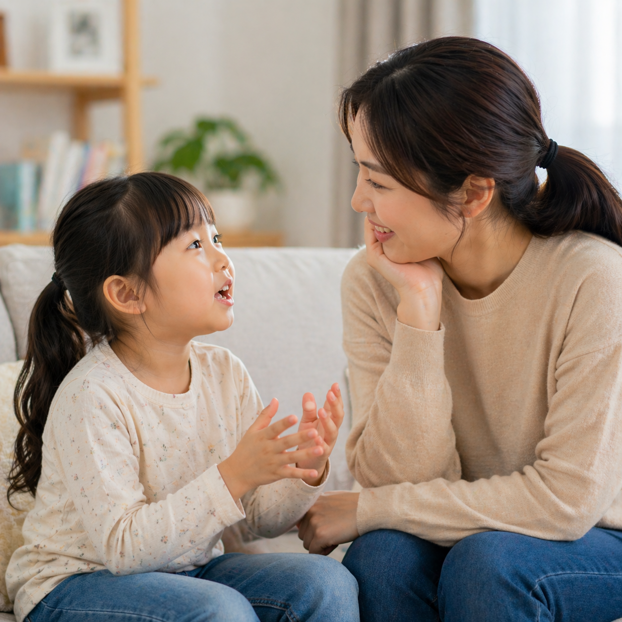 아이와 부모가 서로 마주 보고 대화하는 사진