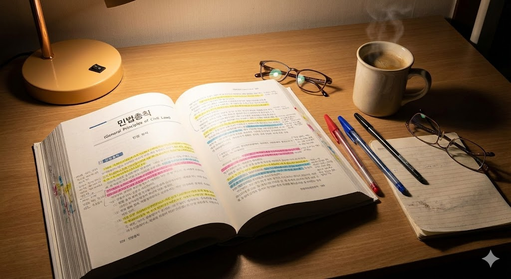 행정사 1차 시험 준비를 위해 민법총칙 교재와 필기도구가 놓인 늦은 밤 수험생의 공부 책상