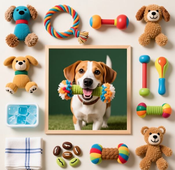 여러가지 강아지 장난감이 나열되어 있다.
